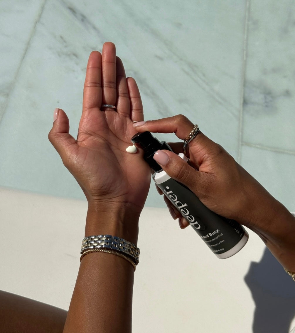 Deeper Beauty Blocked and Busy SPF50 sunscreen. Everyday sun protection Dubai for every skin tone.